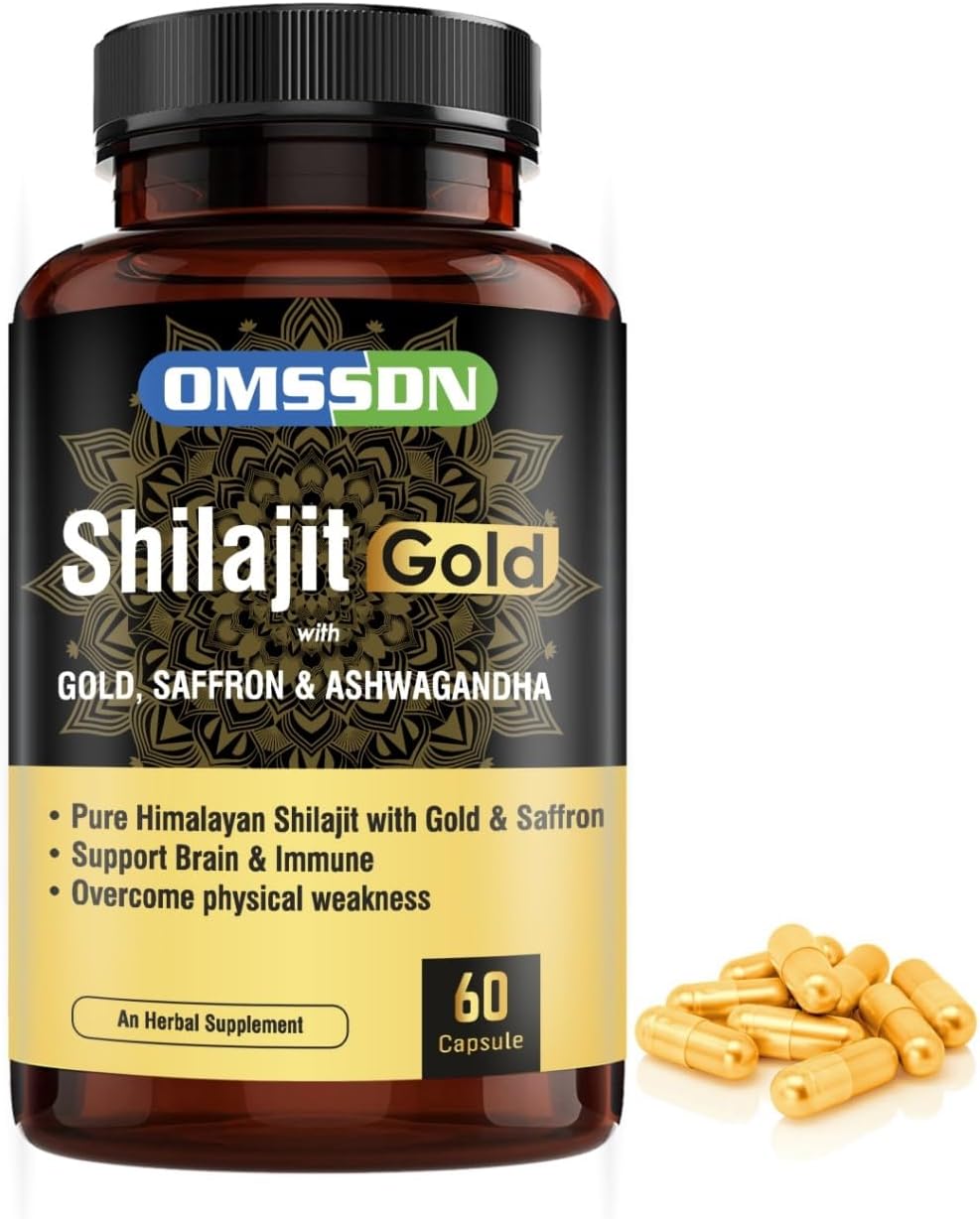 OMSSDN shilajit Gold capsules for men with Saffron & Ashwagandha, gokshura, safed musli, gold bhasm and other 100% ayurvedic herbs – 60 Capsules (Pack 1)
