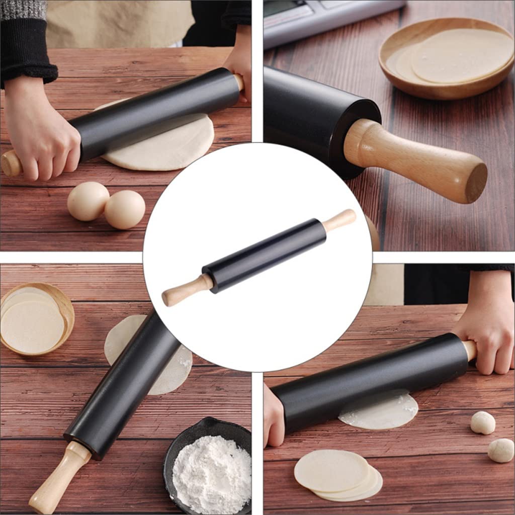 Mattarello in silicone antiaderente manico in legno pasta per pasticceria rullo per farina strumento da cucina per cottura al forno (colore : Nero, dimensioni : 43x5.5x5.5cm) (Black 43x5.5x5.5cm)