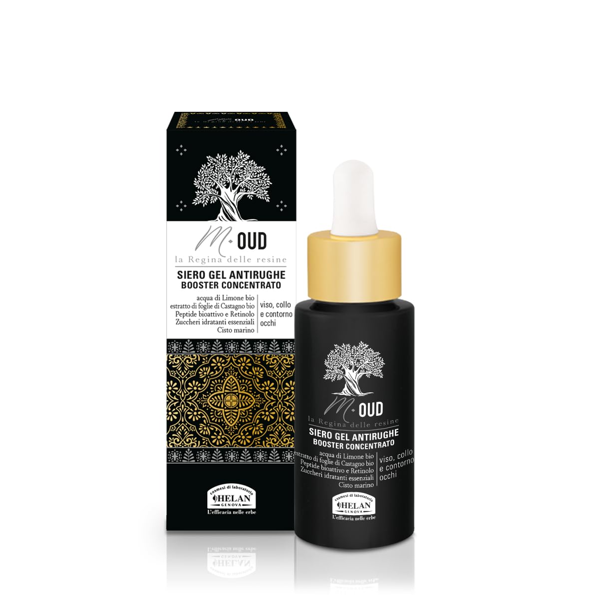 Helan, M Oud - Cofanetto con Profumo Uomo 10 ml + Shampoo e Bagnoschiuma Gel con Mandorle Dolci e Vitamina E 200 ml + Siero Viso Contorno Occhi Antirughe con Retinolo, 30 ml - Ideale per Regalo Uomo