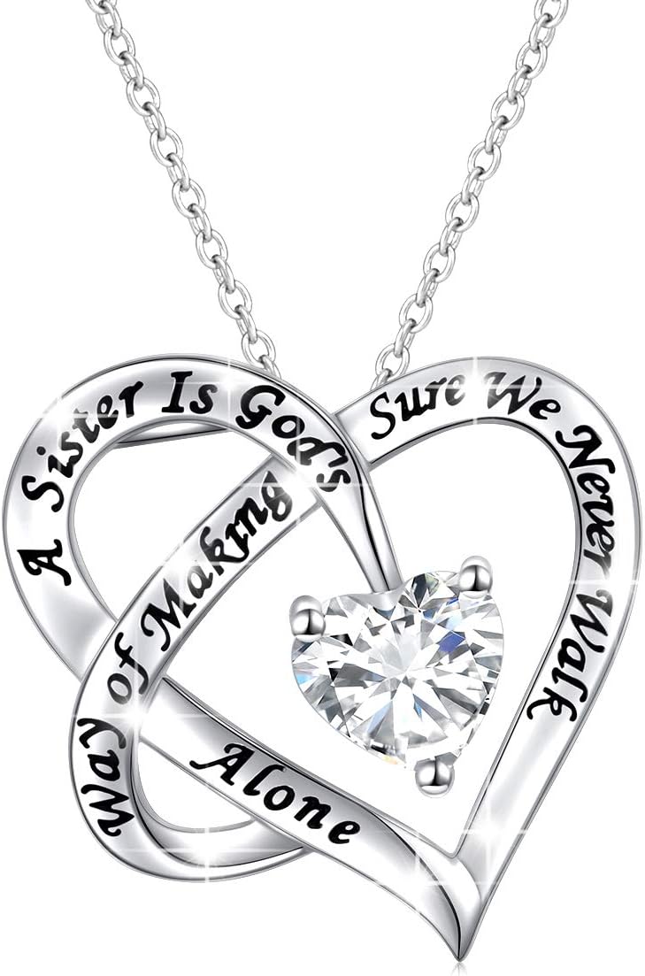 FLYOW A Sister is God's Way of Making Sure We Never Walk Alone Engraved Heart Pendant Necklace 925 Sterling Silver Friendship Jewelry for Women Sisters Siblings,18 inch