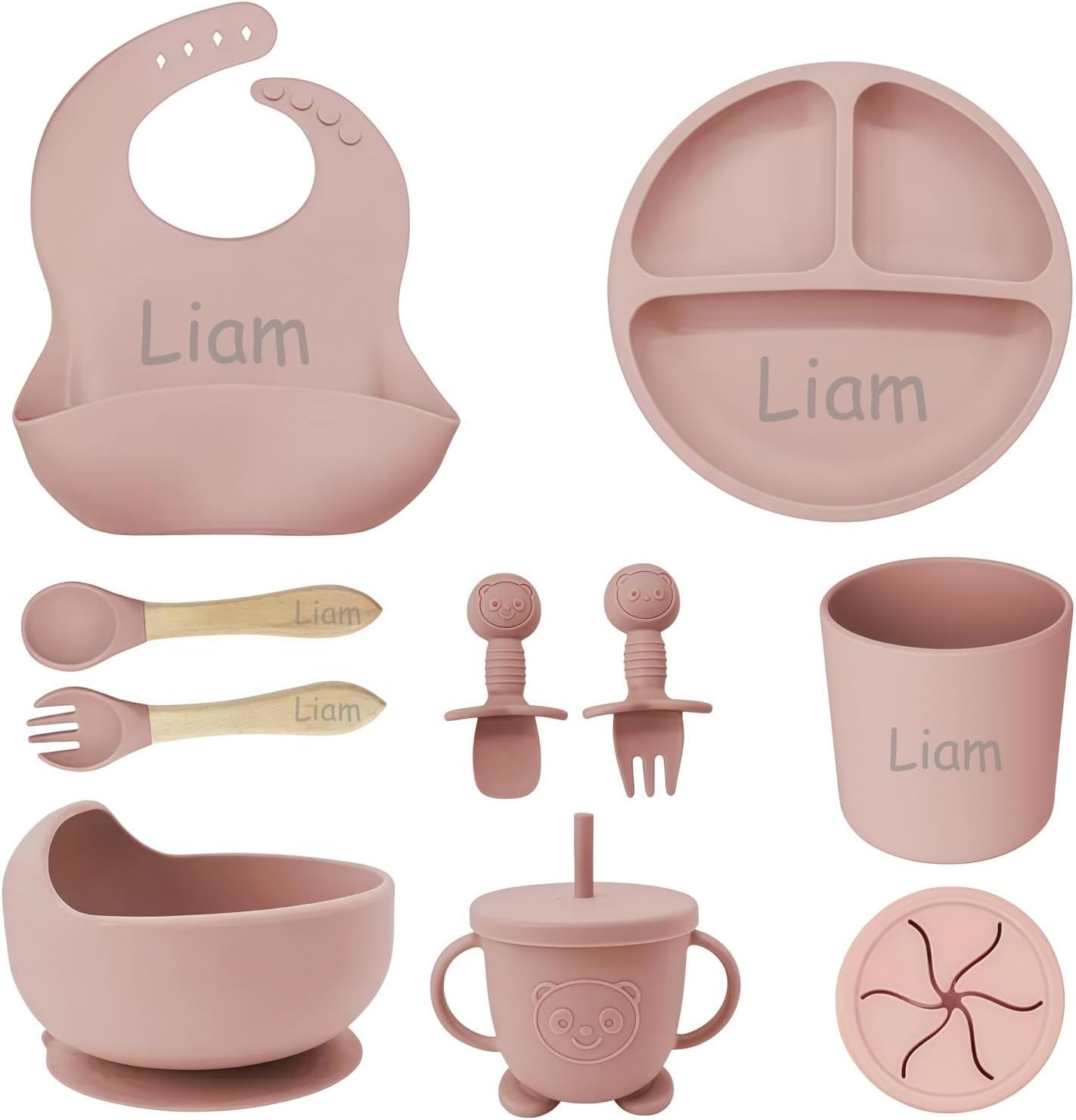 Personalized Silicone Suction Plates for Baby, Custom Toddlers Spoon and Fork Set with Name — A Thoughtful Birthday Gift for Boys & Girls (Light Pink) — image 1