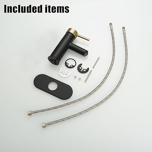 Miniatura 9 de Grifo de lavabo de baño negro y dorado, con una sola manija, un agujero, grifo de lavabo con placa de cubierta y línea de suministro, latón