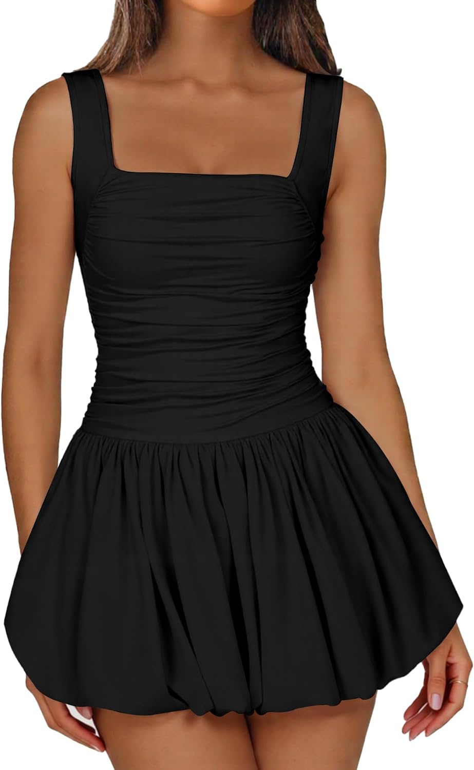 Summer Dresses for Women 2025 Casual Sleeveless Square Neck Bubble Ruched Tank Mini Short Dress with Pockets