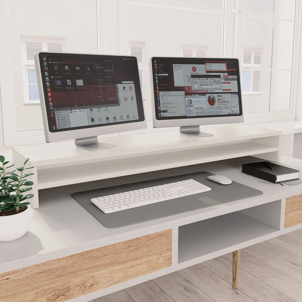 Supporto Extra Ampio per Doppio Monitor con Ripiano 100x24x13 Cm Organizer da Scrivania Ergonomico in MDF Nero per 2 Monitor per Ufficio e Postazione di Lavoro Domestica (Bianca)