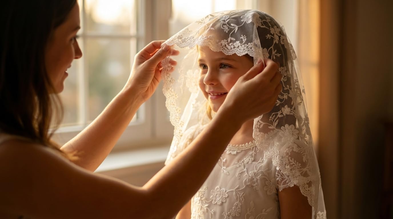 LalaMira Girls White Lace First Communion Dress with Veil - Tulle Flower Girl Dress with Pearl Button Back & Satin Bow