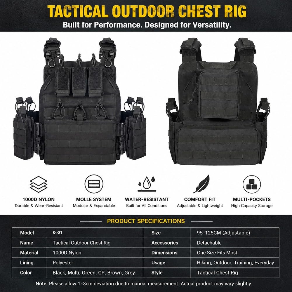 Chaleco Táctico Hombre Mujer Sistema MOLLE,Chaleco Portaplacas Liberación Rápida Ajustable Transpirable Nylon 1000D Airsoft Paintball Senderismo Caza Actividades Outdoor