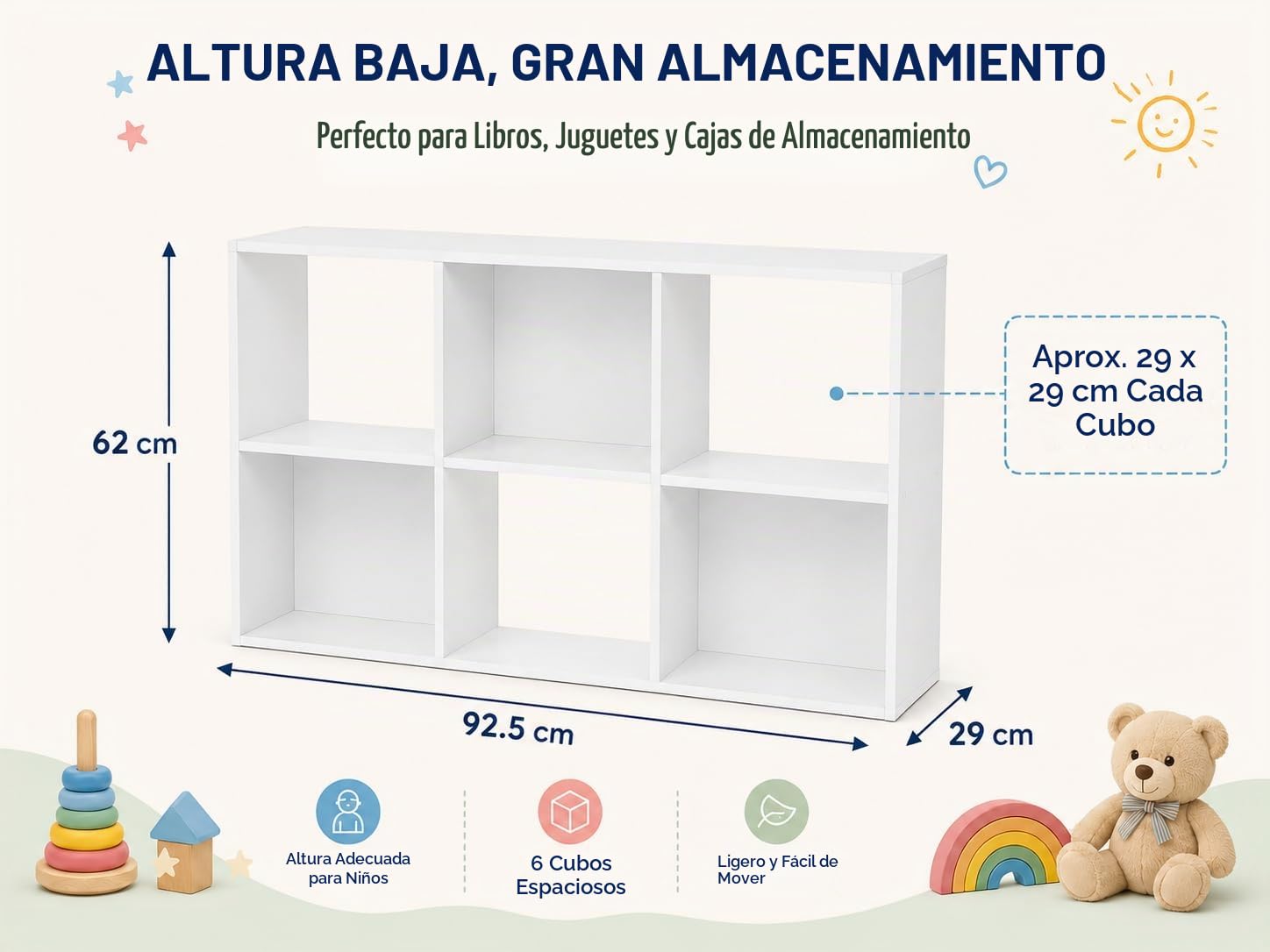 Mueble Organizador de Juguetes con 6 Cubos, Estantería Infantil Blanca para Libros, Peluches y Cajas, Almacenaje Montessori con 3 Paneles Traseros Desmontables, 92,5 x 29 x 62 cm