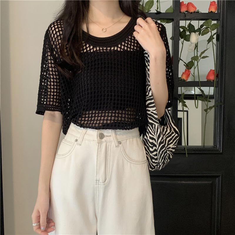 Image of Mettclasi Women's Short Sleeve Crochet Hollow Out Top, Casual Sexy Knit Pullover Top Beach Coverup - One Size Small /Medium White