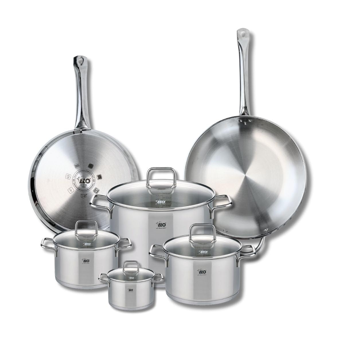 ELO 9510550 Kochgeschirr-Set, 6-teilig, 2 Bratpfannen 28 und 32 cm und 4 Kochtöpfe 12, 16, 20 und 26 cm Elo Profi, Citrin, Edelstahl, Induktion