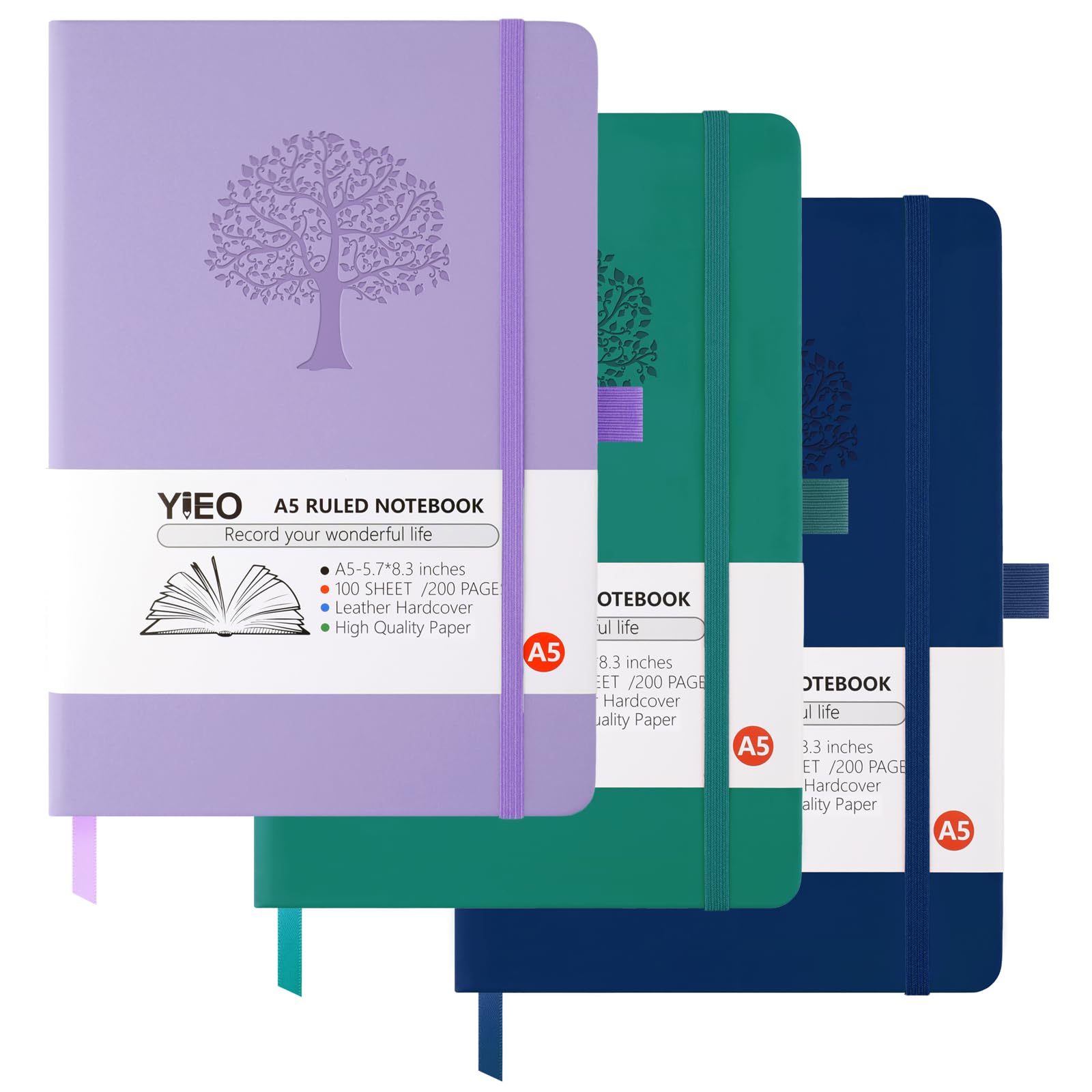 YIEO A5 Journal Notebook, 3 Pack Leather Notebook Journal for Men/Women, Hardback Note Book with 80GSM Lined Paper, No Bleed for Writing, Notepad for Office School Supplies (Blue, Purple, Darkgreen)