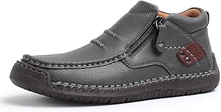 Men's Chukka Boots Winter Slip On Driving Ankle Boots Vintage Handmade Leather Anti-Slip Side Zipper Driving Casual Dress Shoes for Travel and Outdoor Hiking, Gray, 42 EU
