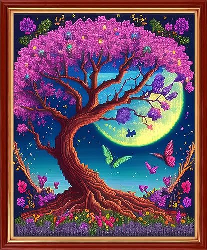 Image of Dimensean Stamped Cross Stitch Kits Full Range of Embroidery Patterns Starter Kits for Beginners Adult DIY Cross Stitches Needlepoint Kits 11CT-Colorful Tree Moon 15.7x19.7 inch