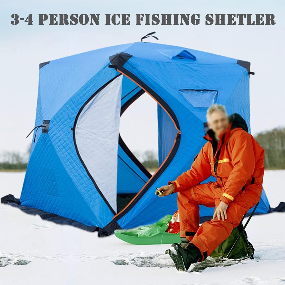Portable Ice Fishing Shelter Thermal 3-4 People Insulated Tent Easy Set-up Winter Ice Fishing Shanty with Insulated 3-Layer, Outdoor Cold Weather Tent