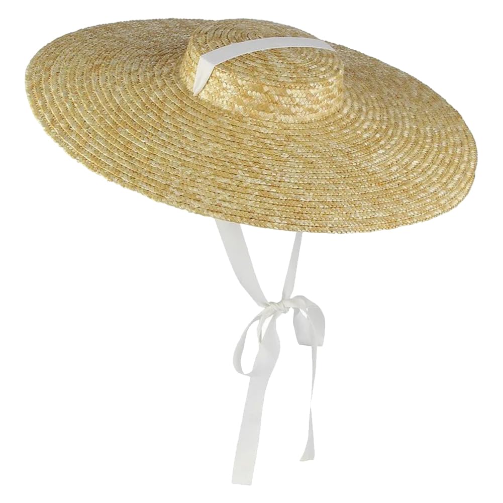 Sombreros de Paja de ala Ancha y Copa Plana para Mujer, Gorras de Playa de Verano con Visera y Cinta Larga, Sombrero canotier con Cordones