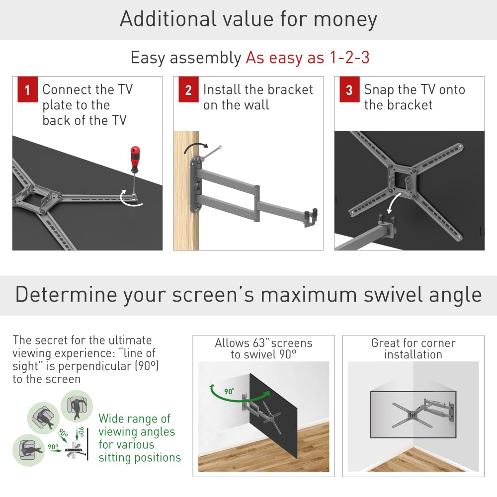 Barkan Support Mural pour TV de 30 cm de Long pour tonnelle, 13 à 65 Pouces, Mouvement Complet – 4 mouvements, Support d'écran Plat/incurvé, Peut Supporter jusqu'à 36,3 kg, extrêmement Extensible