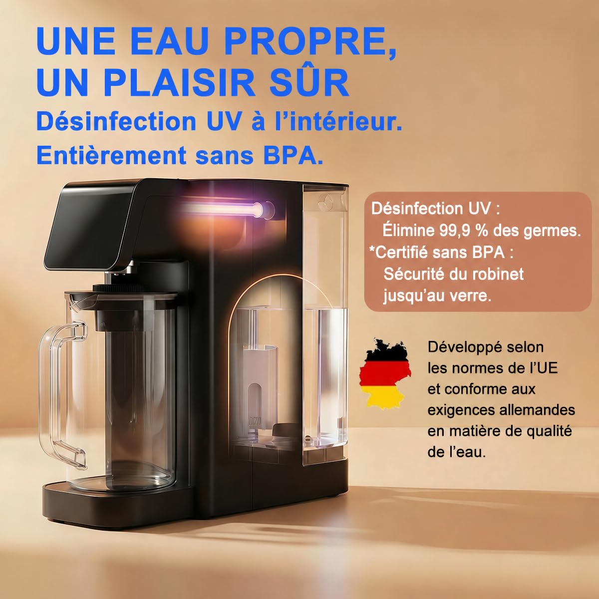 Ecoviva MATE 5H Système d'osmose inverse sur table – Filtre à eau de table avec 3 filtres séparés, stérilisation UV & distributeur d'eau chaude, réduction de PFAS d'eau, eau alcaline, compact