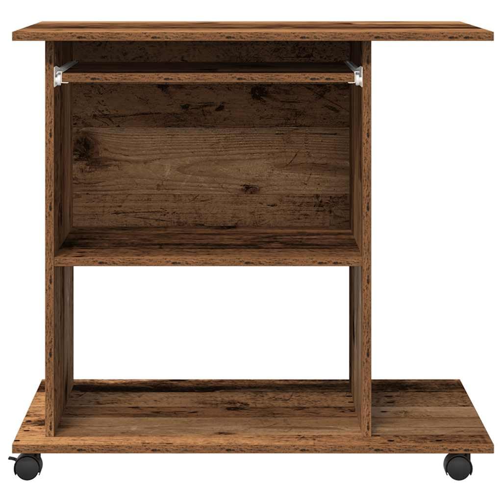 Générique Scrivania per computer vecchio legno con ruote, tavolo compatto per computer portatile e ufficio, legno di ingegneria resistente all'umidità, spazio di archiviazione con tastiera