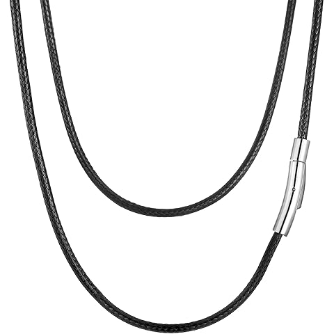 2mm 3mm Waterproof Braided Leather Cord Necklace with Durable Stainless Steel Snap Clasp Men Women Woven Wax Black/Brown String Rope Chain for DIY Pendant Length 16