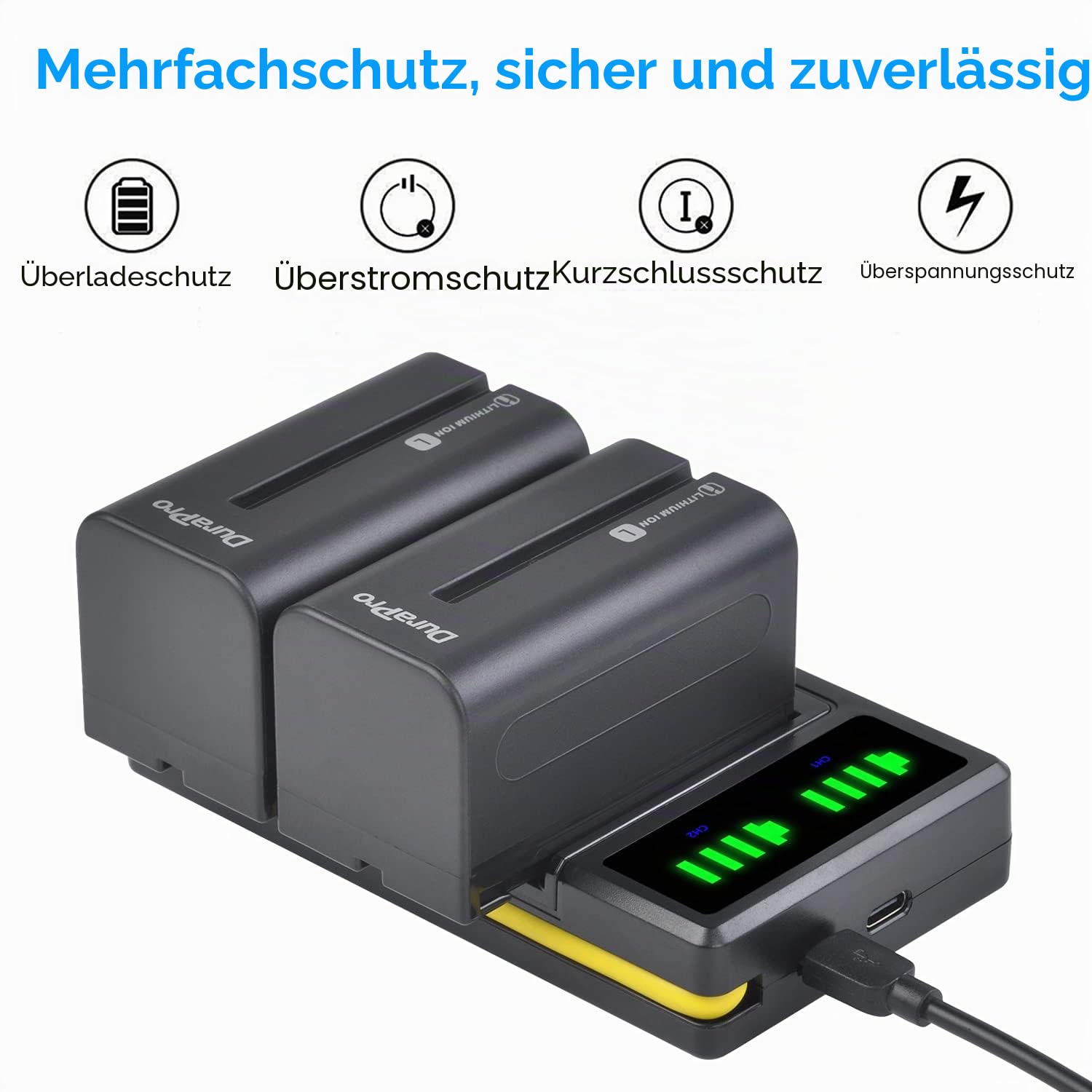 DuraPro 2 x 5200 mAh NP-F750 NP-770 Akku + LED Dual Bulit-in USB-Ladegerät mit Typ-C-Anschluss für Sony NP-F330 NP-F550 NP-F570 NP-F750 NP-F770 NP-F960 NP-F970 CCD-SC5 CCD-TRV DCR-TRV Serie Camcorder
