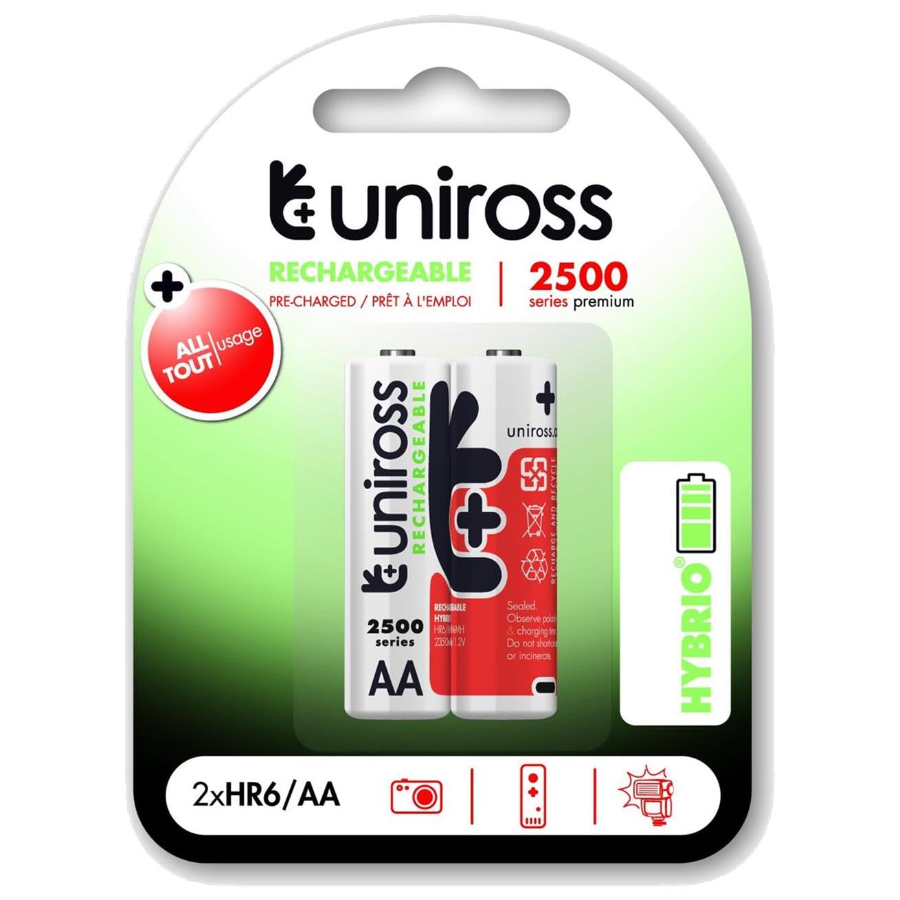 Uniross Pack de 6 x 2 Piles Rechargeables AA/HR6 2500 NIMH HYBRIO, 1.2V