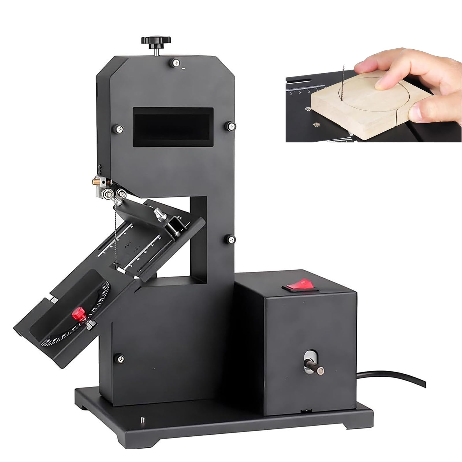 Sierra de Cinta de Sobremesa Profesional Para Pequeños Talleres, 800 W, Ajustable (0-45°), Mesa Inclinable Para Metal, Altura de Corte de 70 Mm, Cortadora de Madera Para Madera Dura y Blanda