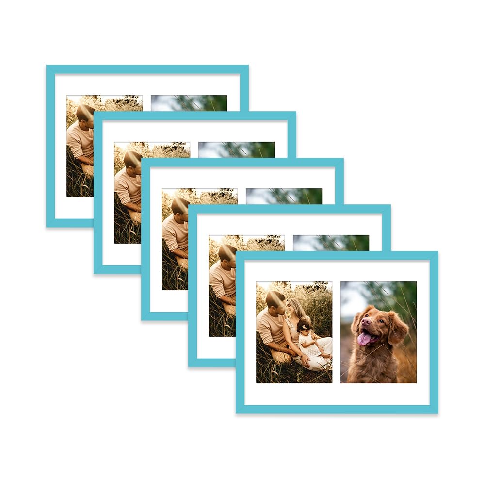 Turquoise Multi Photo Frame - Holds 2 x 8x6 Pictures, Family Collage Picture Frame for Wall Display, 14x11 Frame size, Set of 5