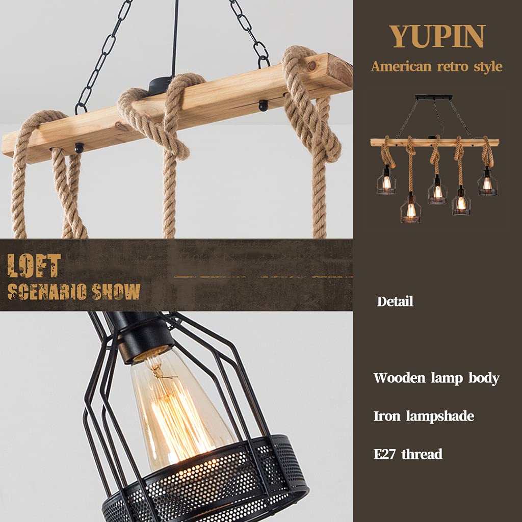 Vintage Pendelleuchte Esstischlampe Holz Kronleuchter Höhenverstellbar Hängelampe Hanfseil DIY Verstellbare Hängeleuchte Industrial Retro Eisen Pendelampe Wohnzimmer Küche Bar Deckenleuchte E27*5 (A)
