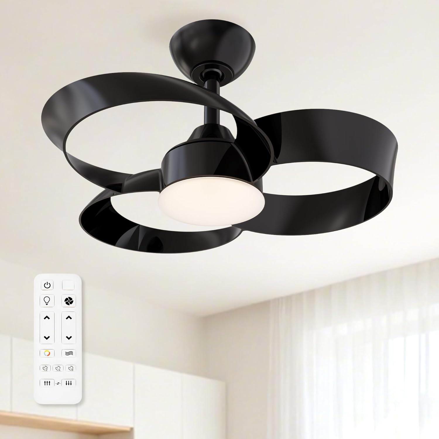 FANX Ventilador de techo de 22 pulgadas con luz y control remoto, motor de CC silencioso, LED regulable, control reversible de 3 velocidades,