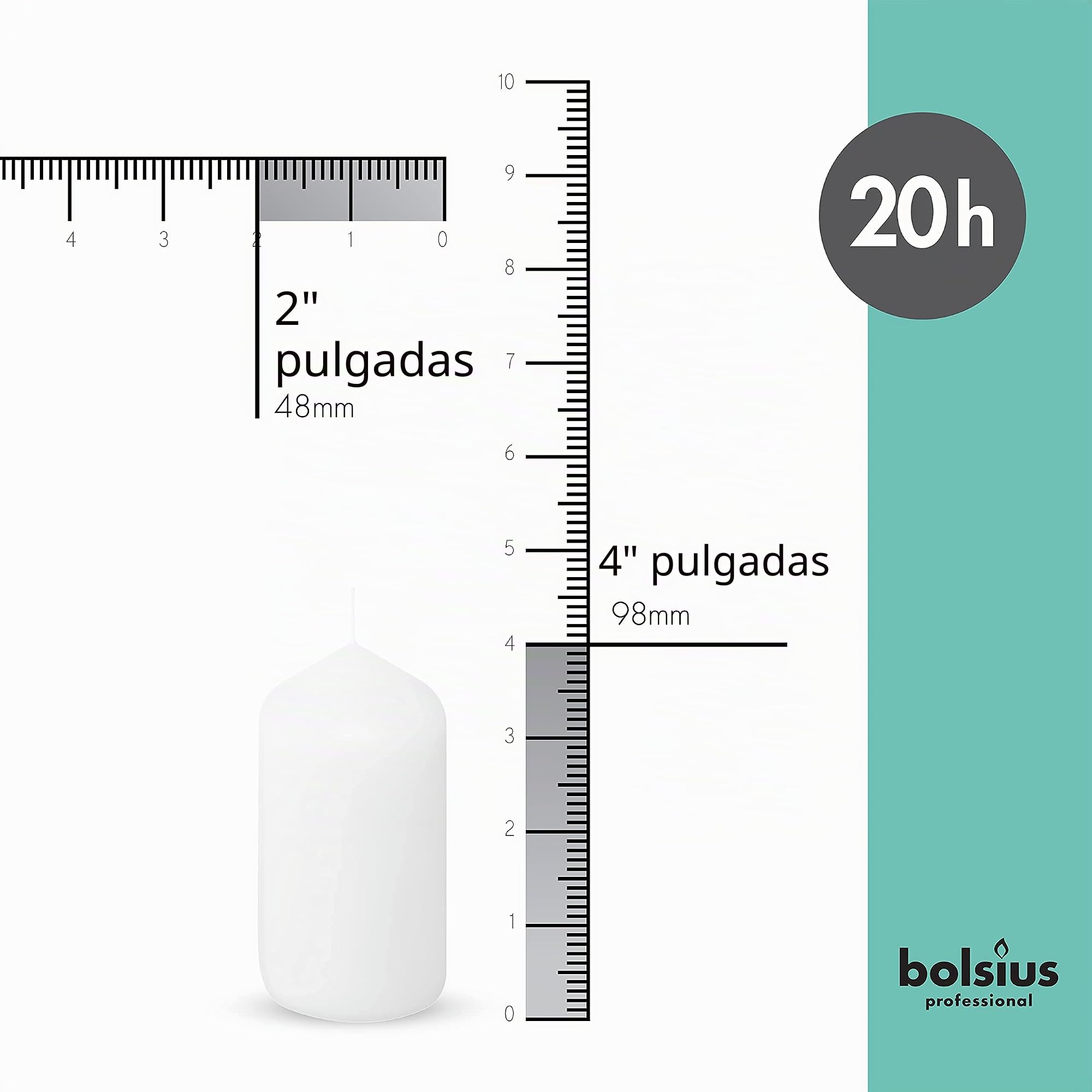 Bolsius Velas básicas para decoración, cera, blanco, tamaño de cera individual: H 9,8 cm, Ø 4,8 cm, 20 piezas