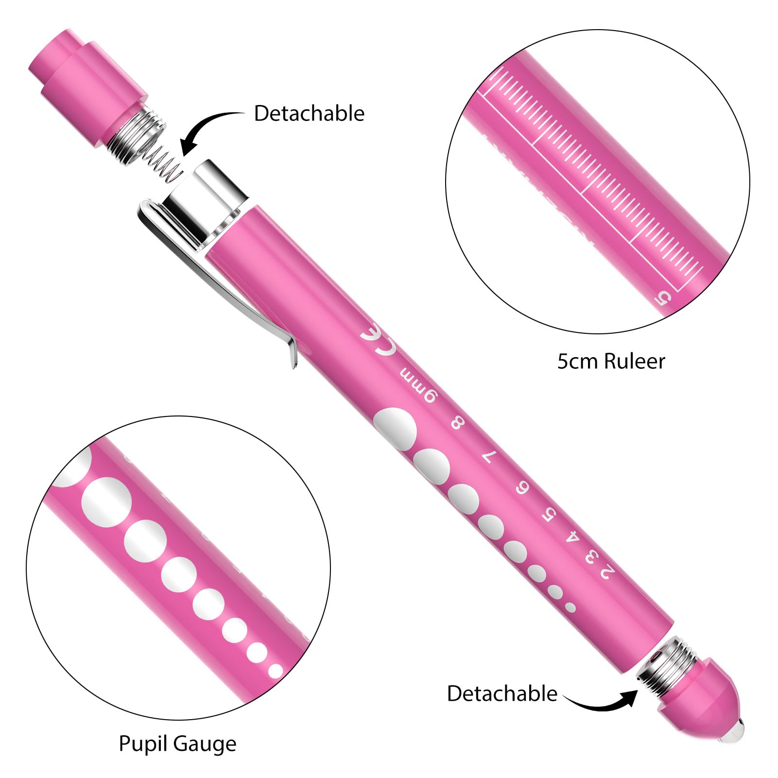 RISEMART Lampe pupille de diagnostic, infirmière, accessoire de service d'urgence avec compteur de pupilles et règle (rose rouge et bleu)