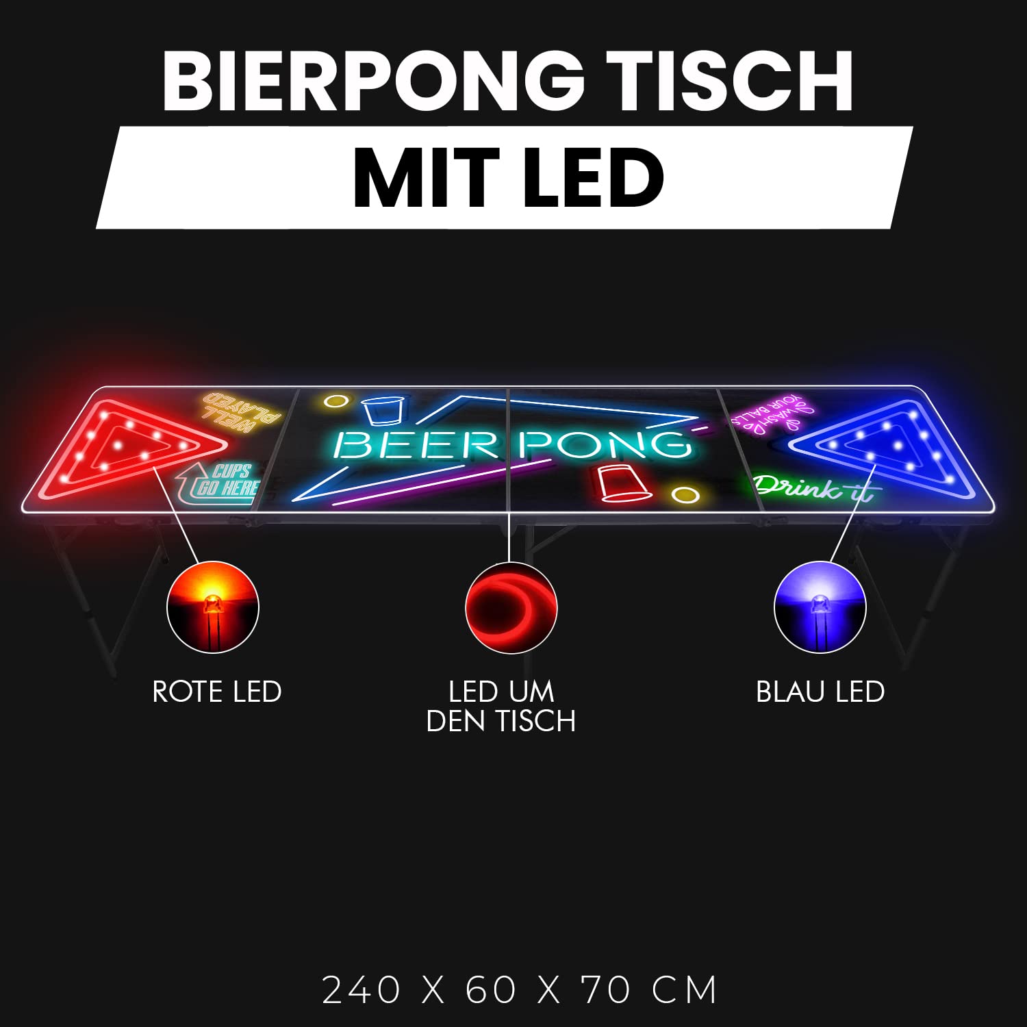 Beer Pong Offizieller Spotlight Tisch Set | Mit LED Beleuchtung | LED Full Pack | Inkl. 1 Tisch + 120 Becher 53cl (60 Rot & 60 Blau) + 6 Ping-Pong-Bälle | Premium Qualität