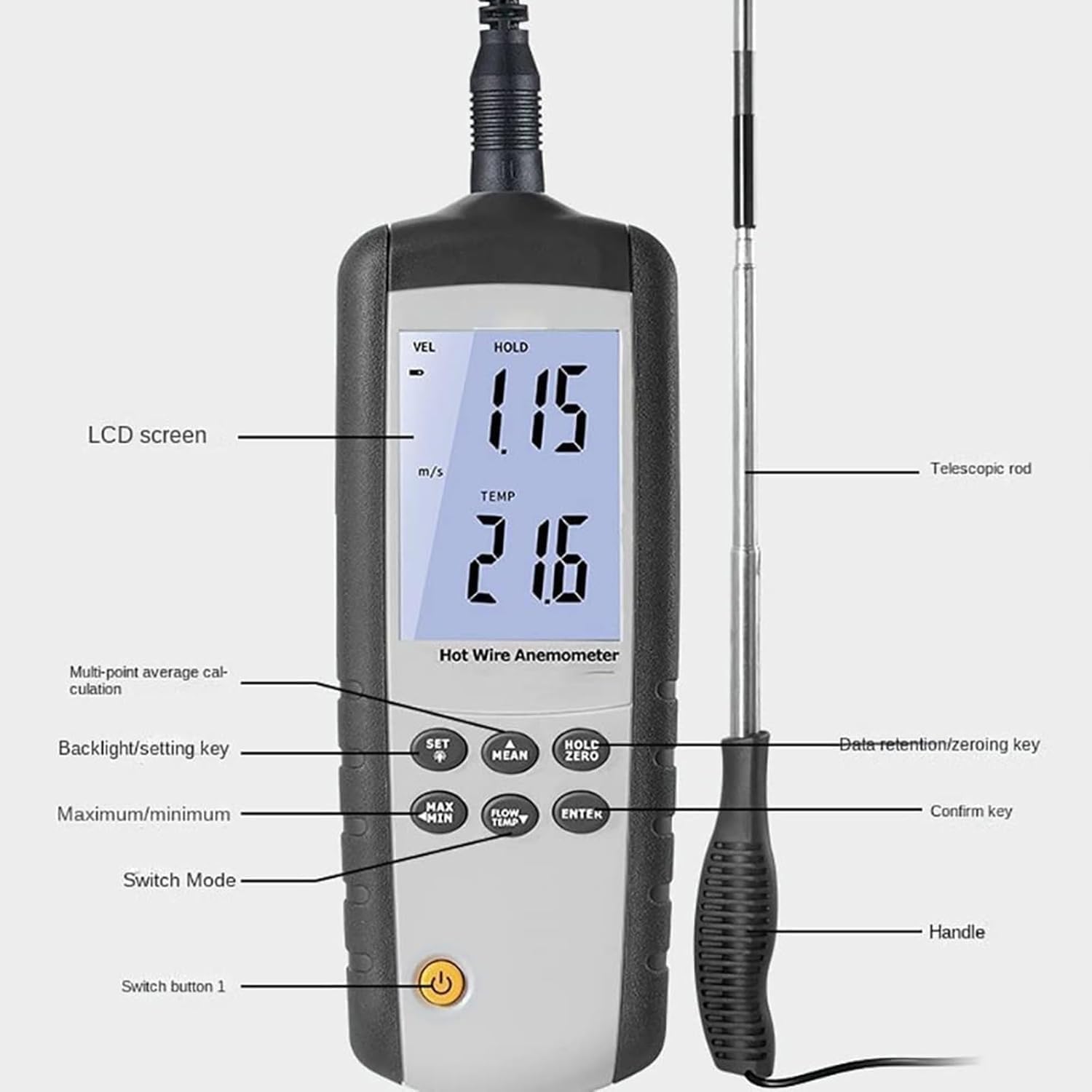 Anemómetro de alambre caliente portátil, medidor de velocidad del viento digital térmico, 0,1~25,0 m/s, pantalla LCD retroiluminada, adecuado for pruebas ambientales, transportadores