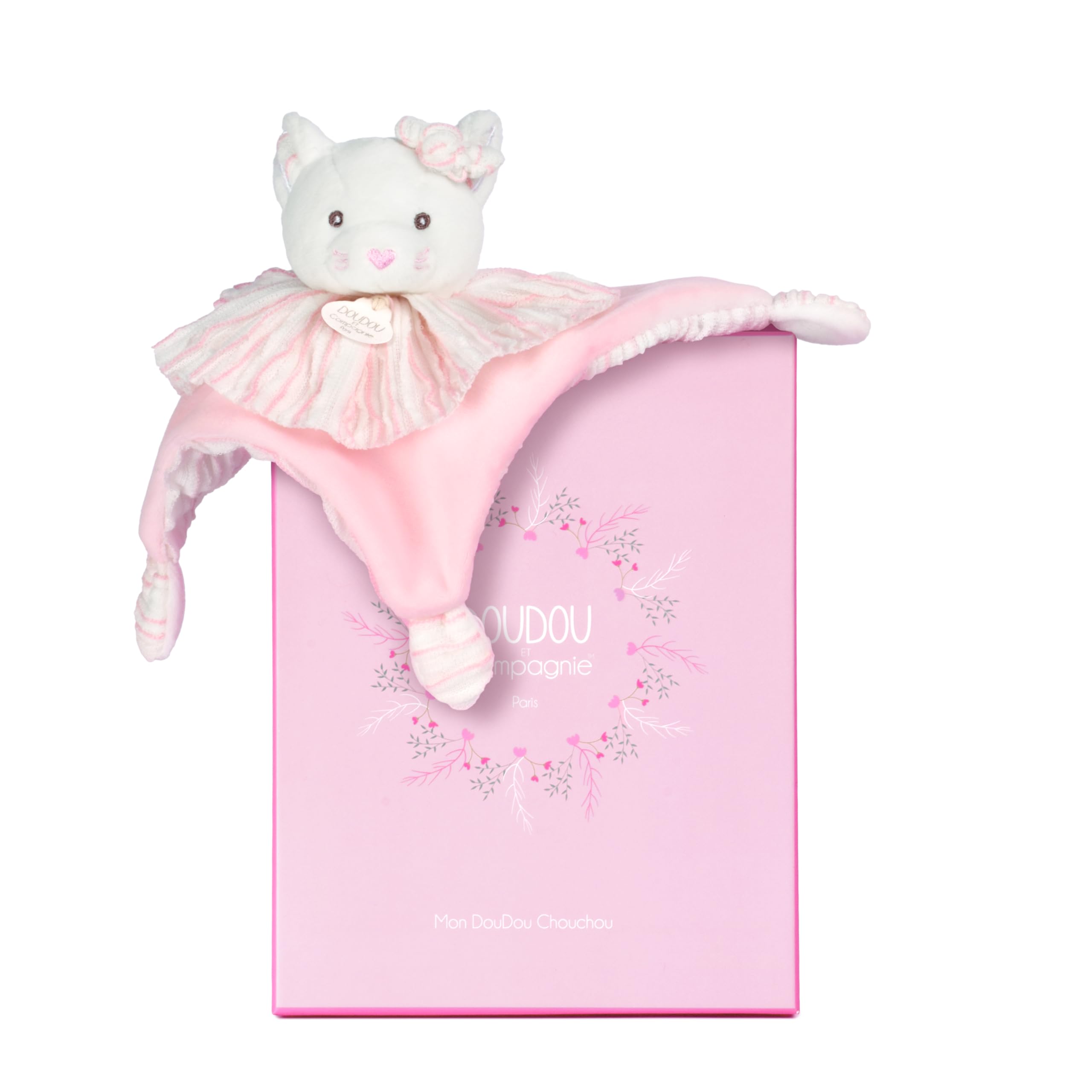 Doudou et Compagnie - Doudou Bébé Plat Chat Les Chouchoux - 20 cm - Petite Peluche Ultra Douce et Légère - Compagnon Sommeil - Idée Cadeau Naissance Bébé Mixte Premier Doudou Blanc - DC4678