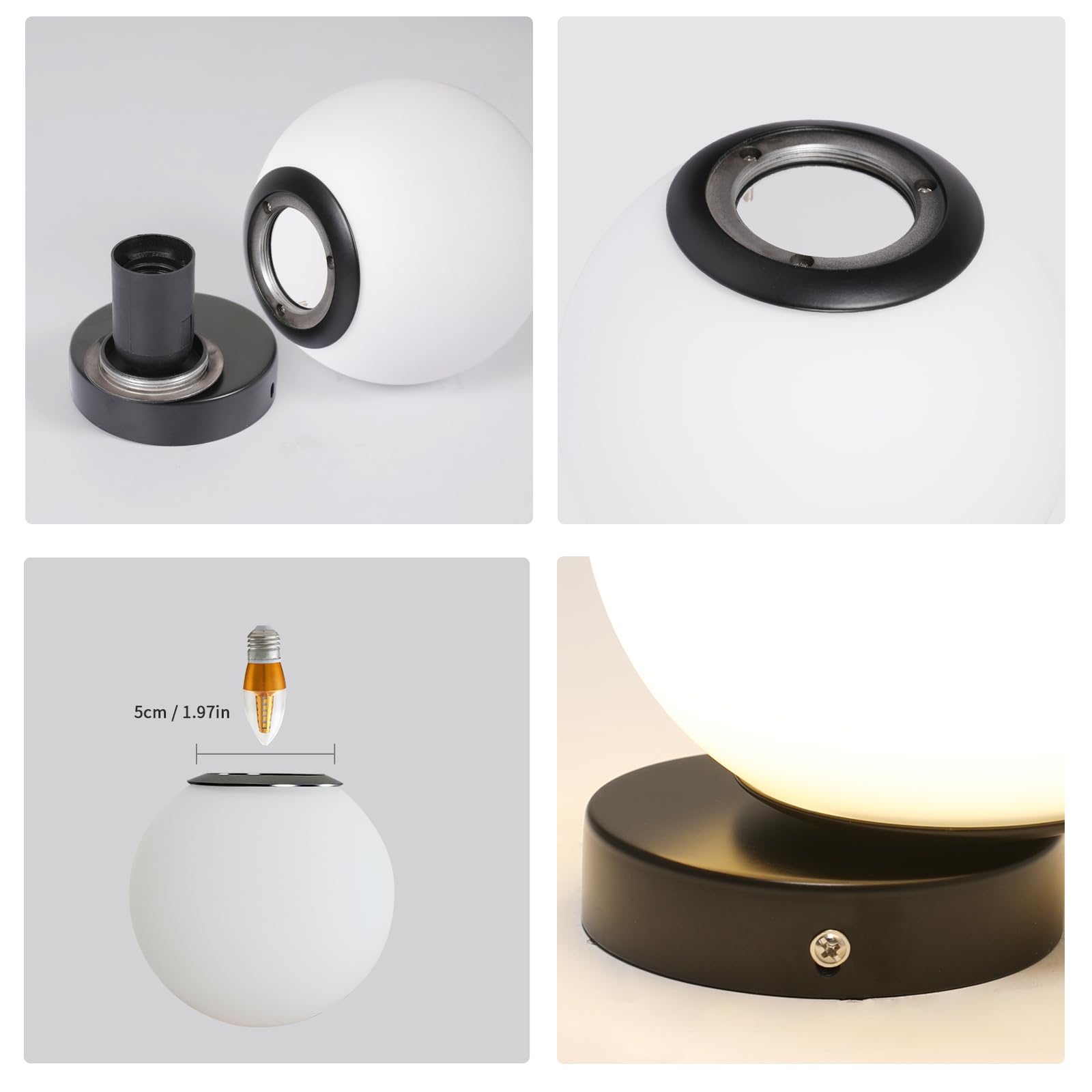Tealight Applique da Parete Interno, Lampada da parete Moderno, Applique Sfera Nero, E27 Lampada a Muro Paralume di vetro 15CM per Camera da letto, Soggiorno, Corridoio, Senza Lampadina
