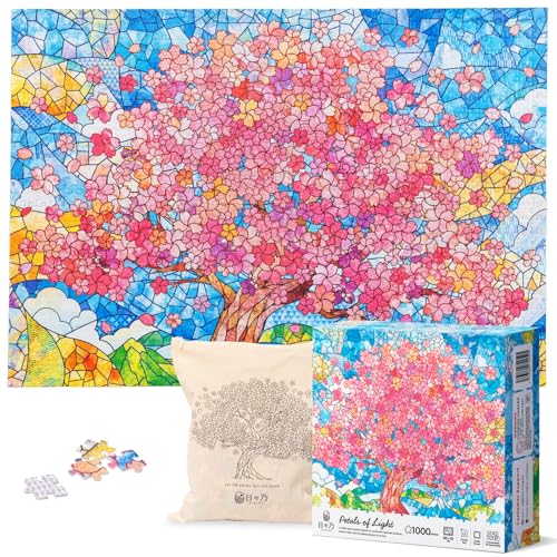 HIBINO Rompecabezas de 1000 Piezas para Adultos | Diseño de Vidrio Teñido Sakura Japonés, Piezas con Letras, Bolsa de Algodón y Póster miniatura 1