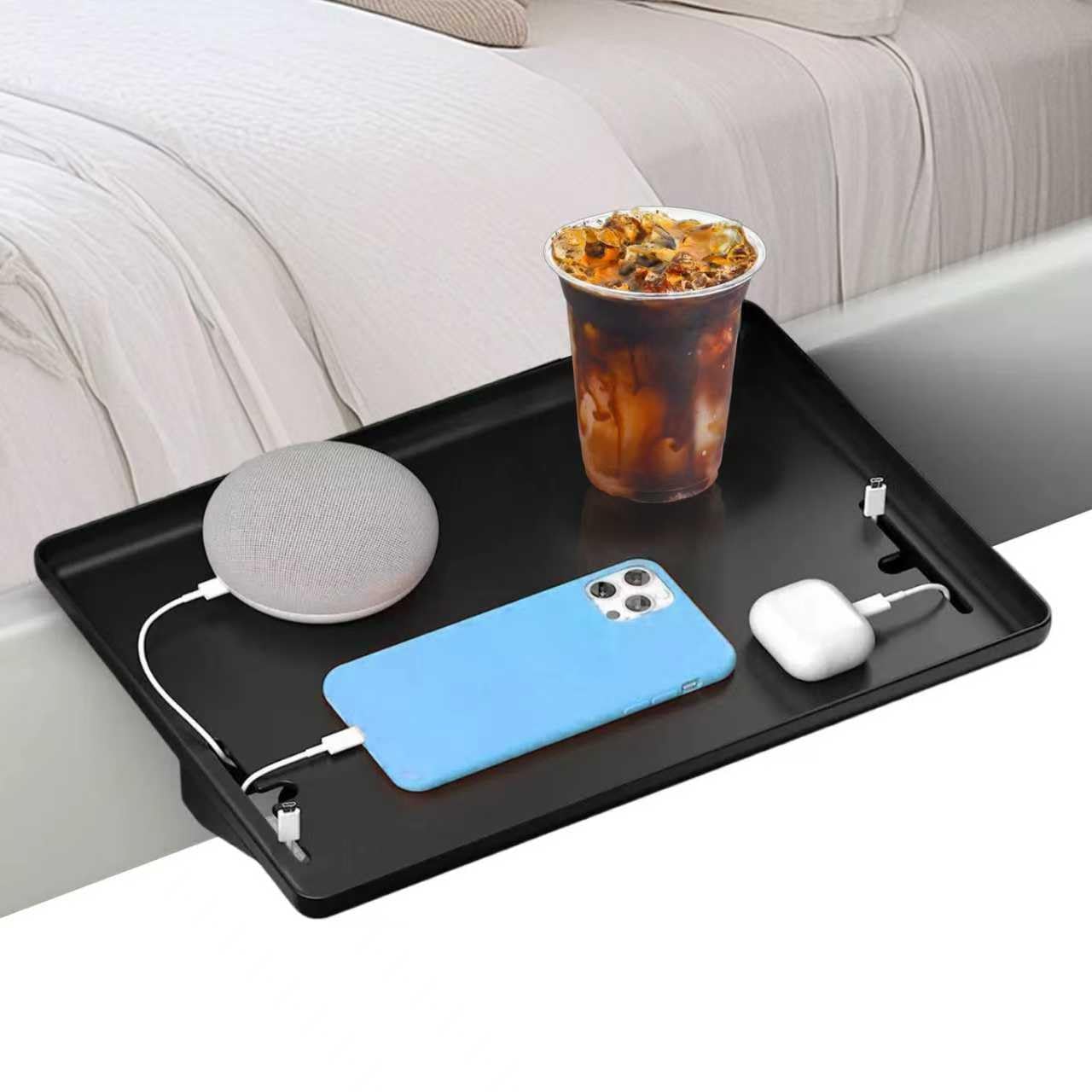 SHYICHENG Clip-On Bedside Shelf for Bunk Beds, Black Space-Saving Nightstand Tray with Cable Holes, Bed Storage Organiser for Dorm, Kids Bed, Bed Frame