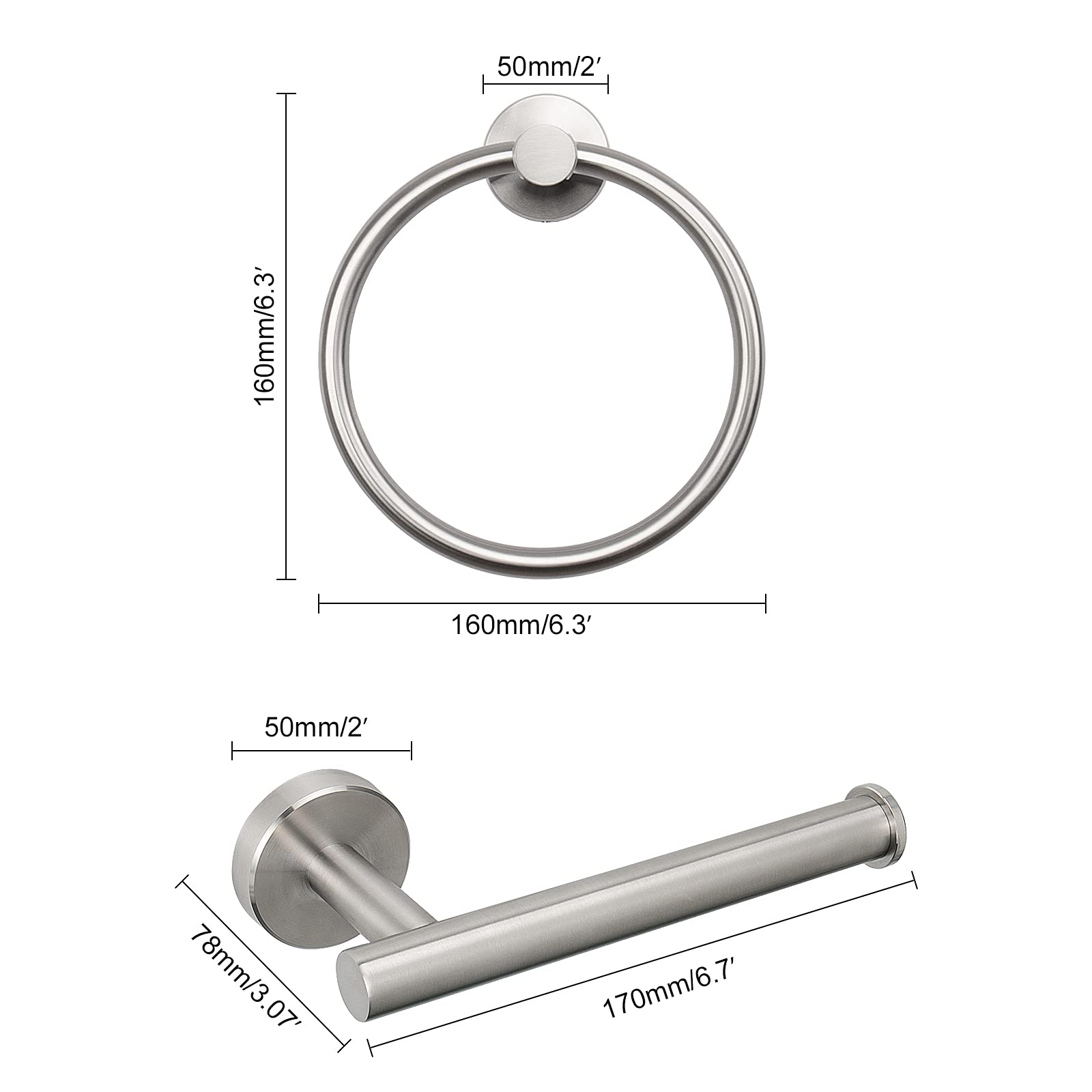 Siyzda Bathroom Hardware Set 2 Pieces Towel Ring and Toilet Paper Holder 304 Stainless Steel Hand Towel Holder and Towel Hanger Wall Mounted (Brushed Nickel) - Image 2