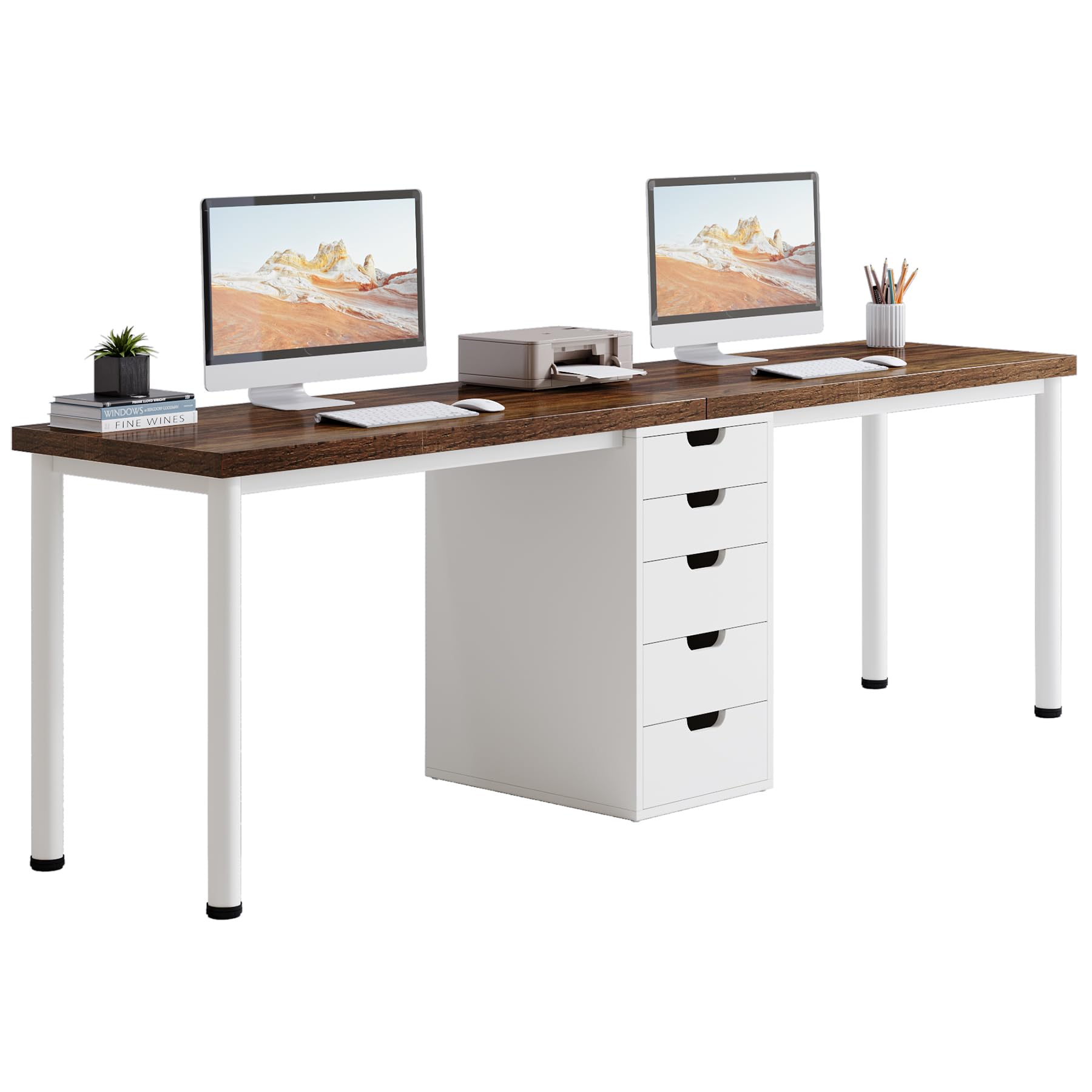 Tribesigns Extra Long Double Desk for 2 People, 200cm Home Office Computer Desk with 5 Drawers, Large Study Table for Two, Gaming Workstation & White Desk for Modern Workspace (Brown/White)
