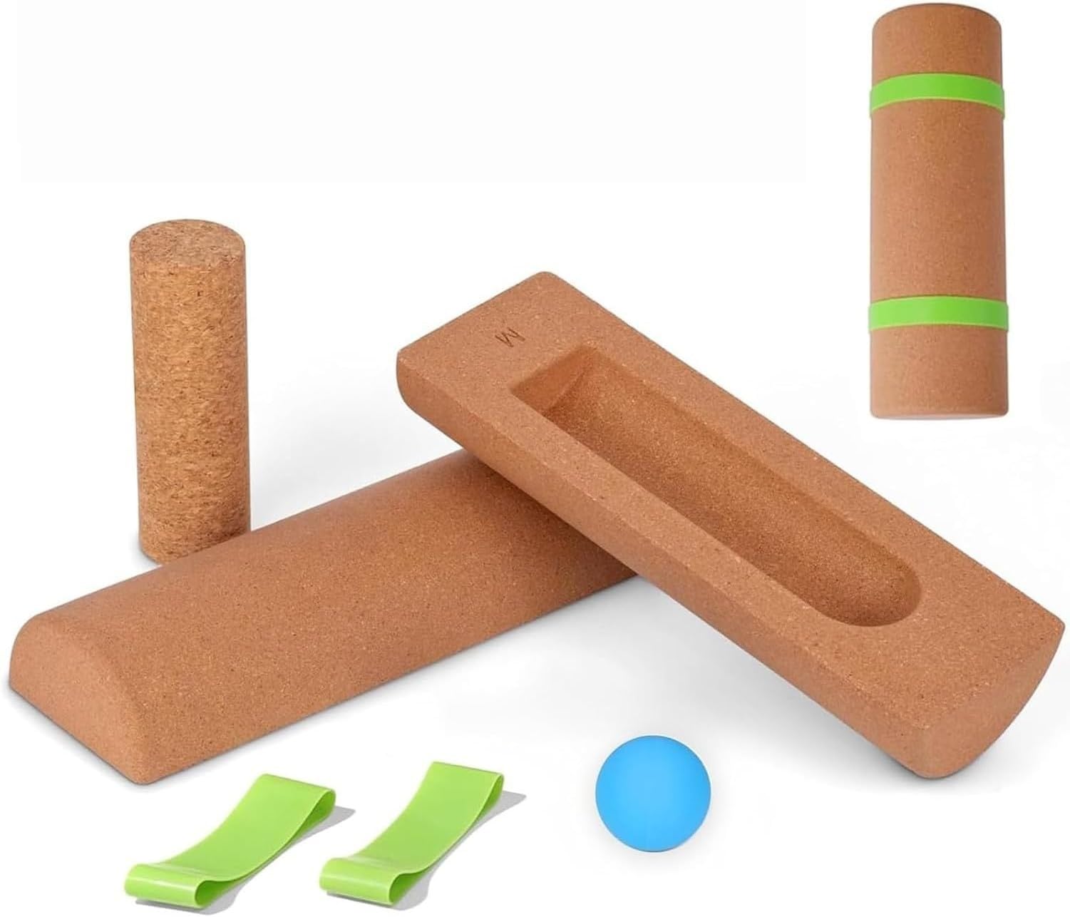 4 en 1 Tabla de Equilibrio de Corcho con Rodillo, Pelota de Masaje y Bandas de Resistencia para los Dedos para Fortalecimiento del Pie, Estabilidad del Tobillo,