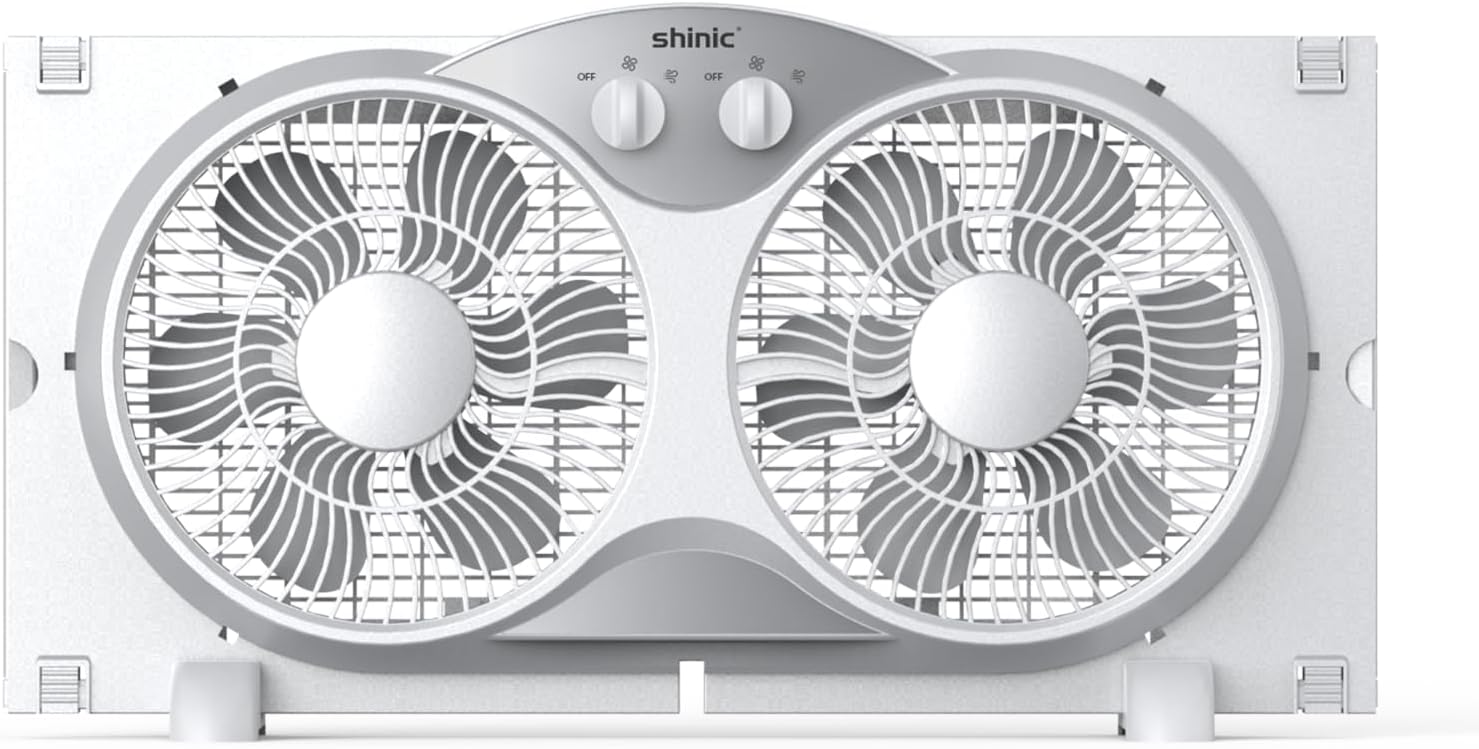 shinic 9" Twin Window Fan with Reversible Airflow – Quiet Exhaust & Intake, Independent Control Dual Fan, Expanders for 23.8"-37" Window, Vertical/Horizontal for Sliding Window, for Home Kitchen