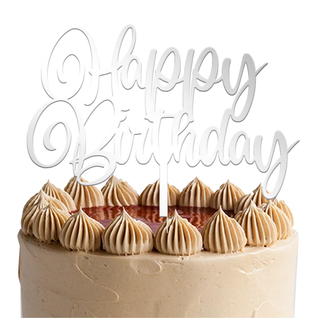 JUSTCAKETOPPERS Happy Birthday Silver Acrylic Cake Topper - 2mm apprx., Elegant Birthday Cake Decoration for Party & Celebration