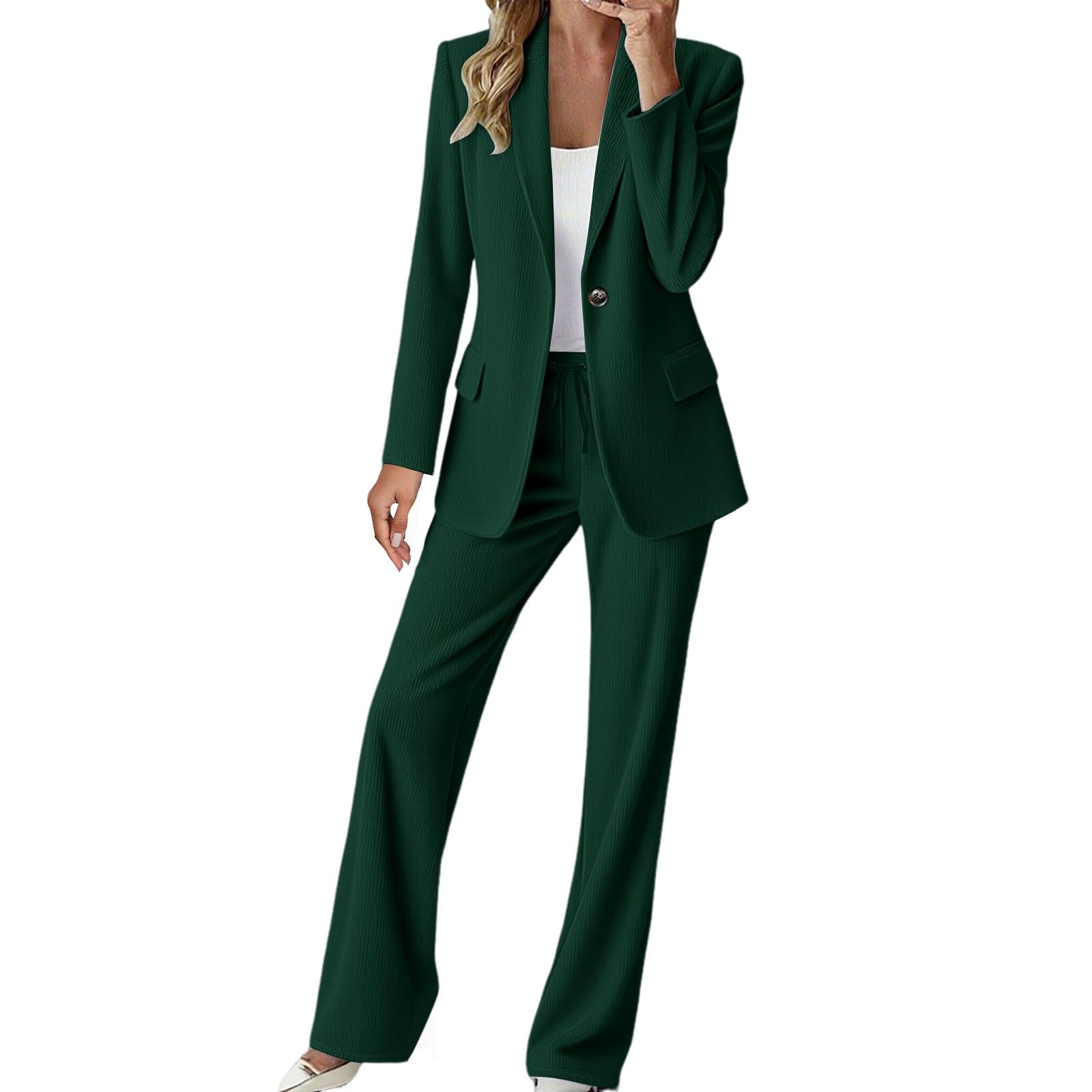 Tailleur Donna Velluto Invernali Elegante Matrimonio Giacca Ufficio Completo con Pantalone Palazzo Verde Salvia Blazer Primavera Aderente 2 Pezzi Business Suit con Risvolto Leggeri E Lavoro