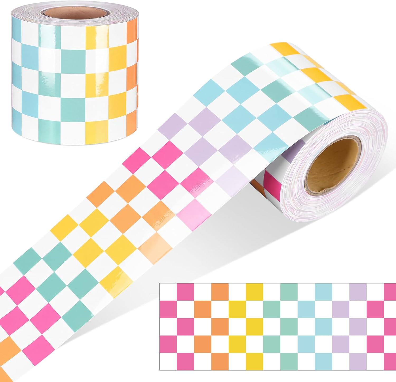 Zonon 65 Feet Rainbow Pastel Checkered Bulletin Board Border for Classroom