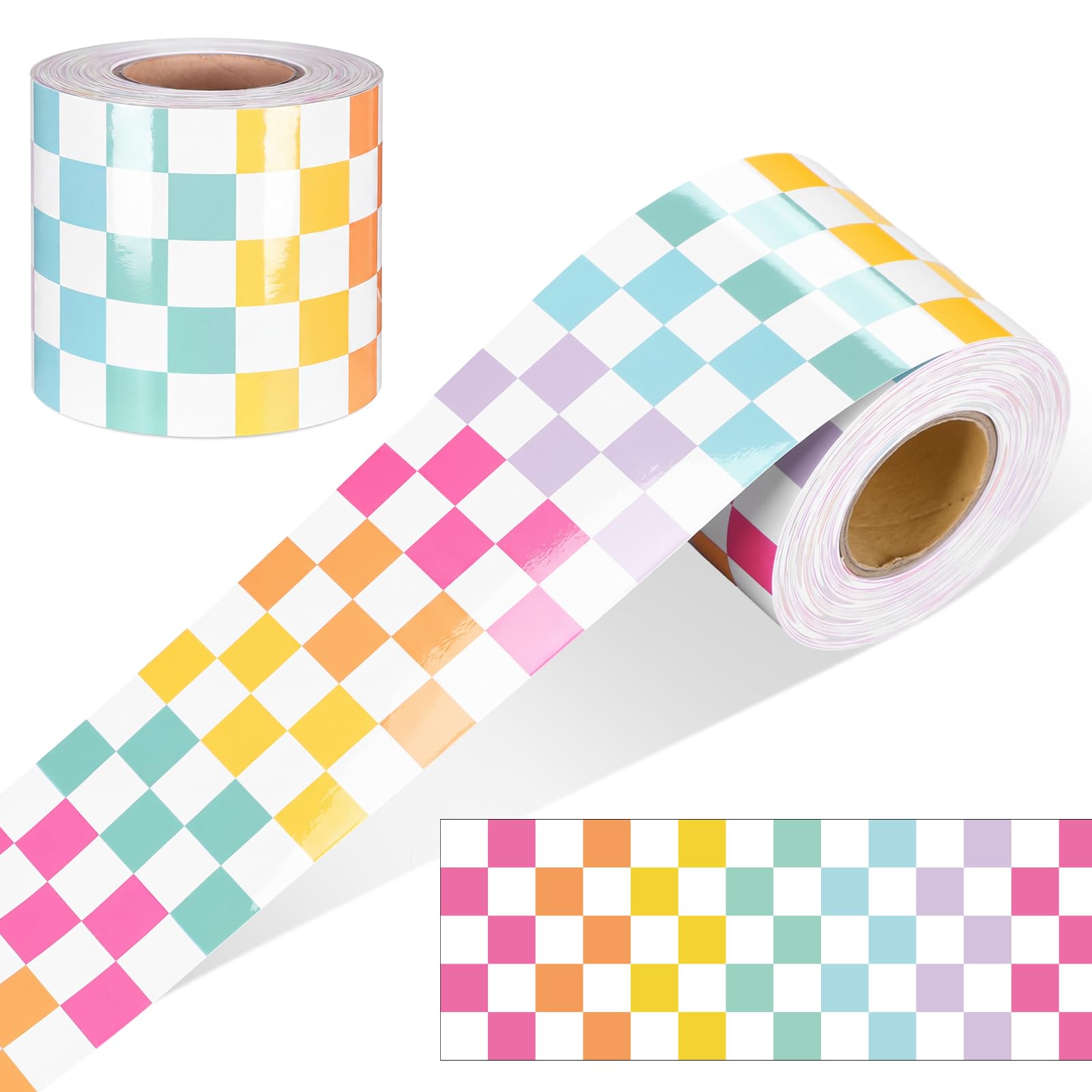 Zonon 65 Feet Rainbow Pastel Checkered Bulletin Board Border for Classroom