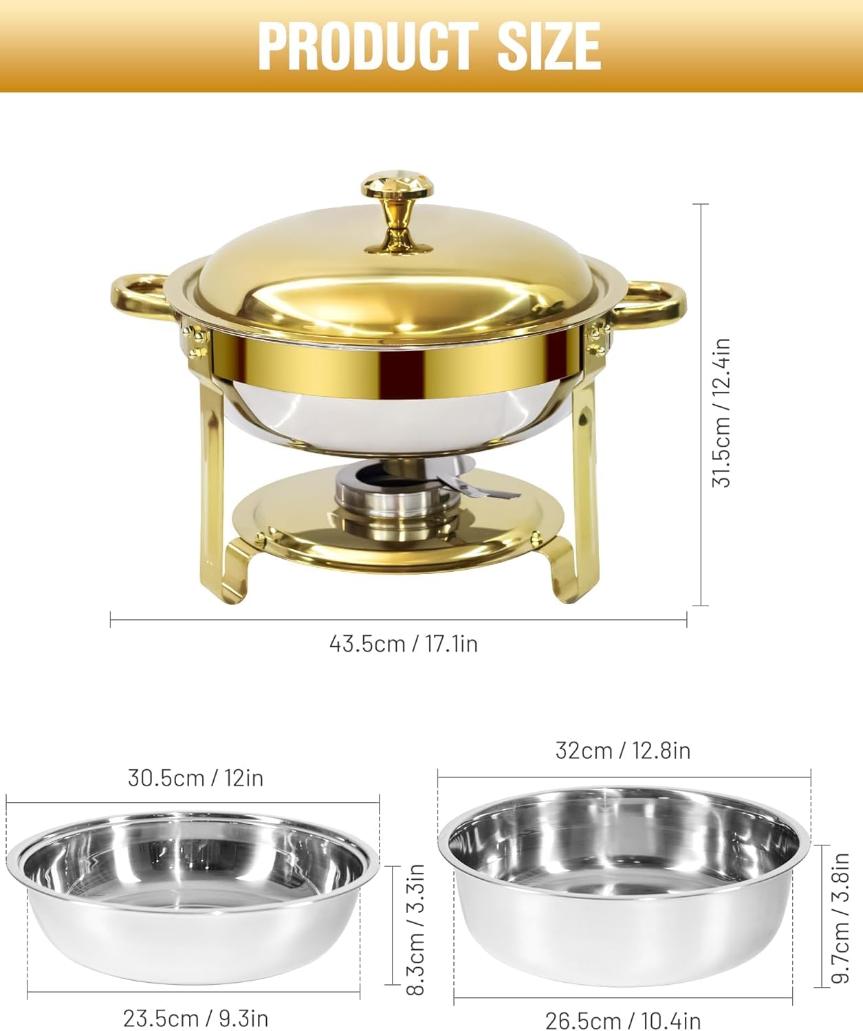 6L Scaldavivande per buffet, Chafing Dish Rotondo in Acciaio Inox, 4 Pezzi | Scaldavivande Buffet per Alimenti Caldi e Freddi con Portacoperchio, per Catering Ristoranti Feste Matrimoni, Oro e Argento