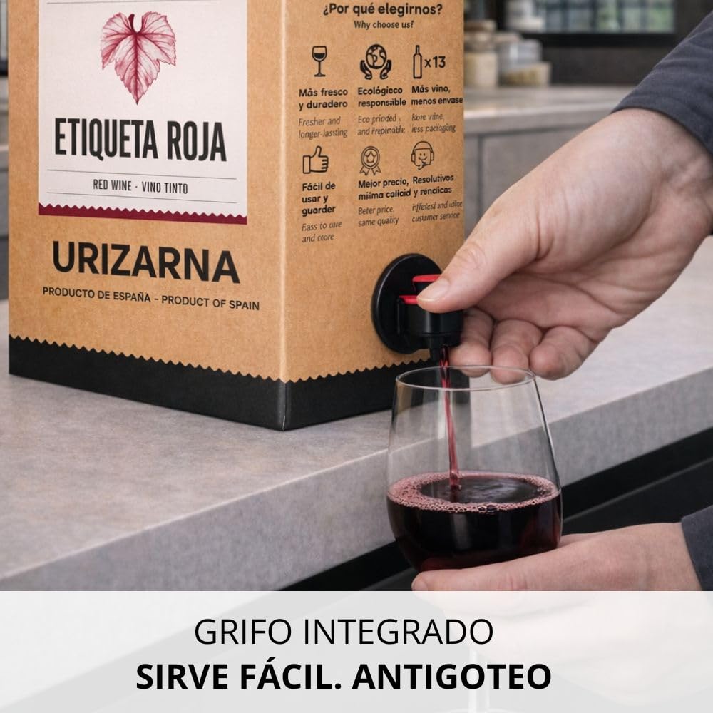 Vinoenbox – Vino Tinto Etiqueta Roja Bag in Box 15 Litros | Tempranillo intenso, goloso y toque de madera | Grifo antigoteo | Equivale a 20 bot.