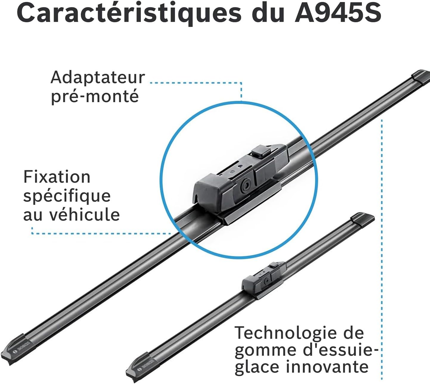 Bosch Aerotwin Aerotwin eA 945 S - Jeu de 2 Balais d'essuie-glaces de Remplacement Avant - Livrés avec Adaptateur Pré-assemblé - 650 mm / 400 mm - Boîte réduite pour moins de déchets