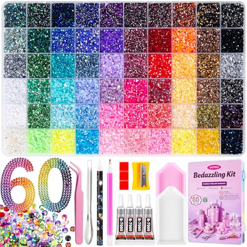 Bedazzling Kit 48000Pcs 60 Colors Resin Jelly Rhinestones Multicolor 3mm Flatback Gems for Diamond Art Bedazzler Kit with 4Pcs 10ml B7000 Jewelry Glue & Tools for DIY Nail Art Crafting Book Makeup