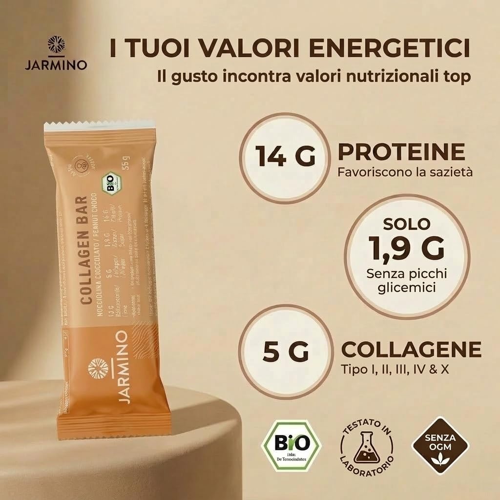 Barretta al Collagene | Barretta ad alto contenuto proteico Cioccolato alla Arachide 12x55g - Barretta ad alto contenuto proteico + senza olio di palma (Arachide)