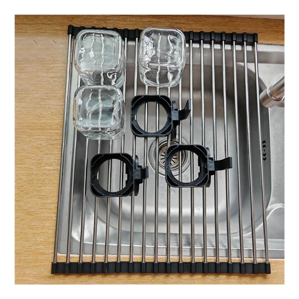 Escurridor de platos enrollable de 14,6 a 18,5 pulgadas, antideslizante, de acero inoxidable resistente, para colocar sobre el fregadero, escurridor plegable multiusos para encimera de cocina.